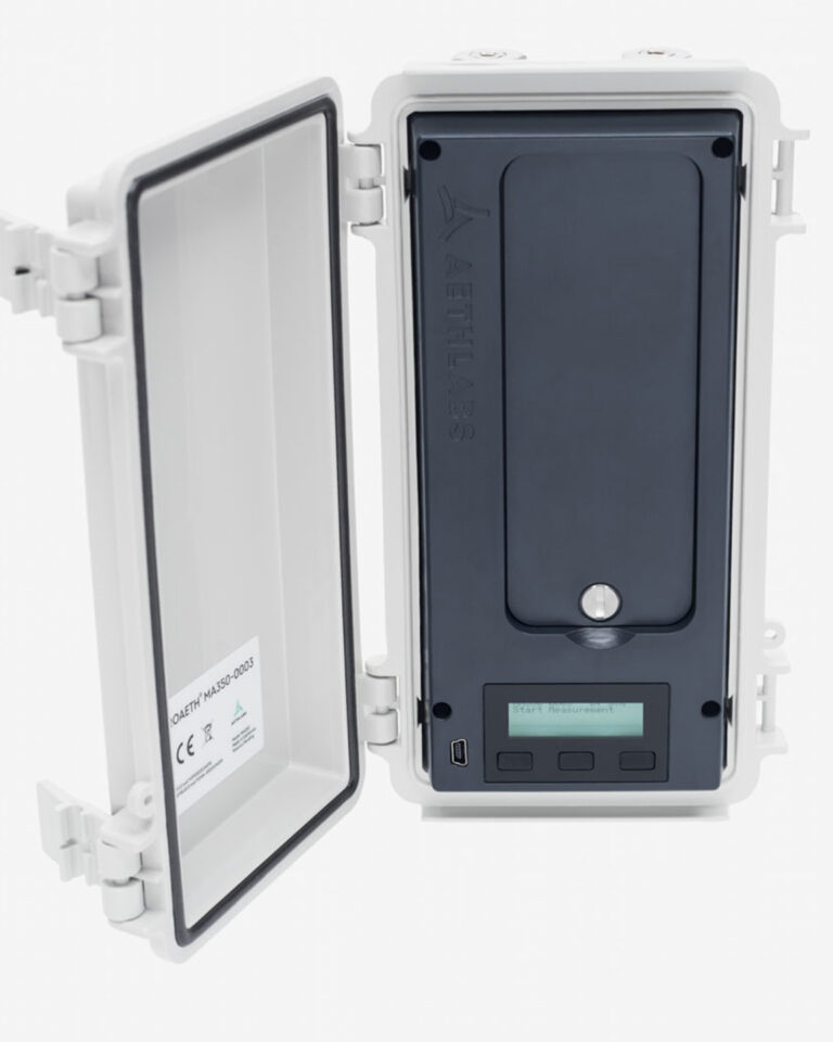 navy blue device with a small LCD screen built into a watertight body container